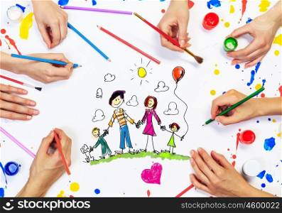 Draw your family. People hands draw and paint happy family concept