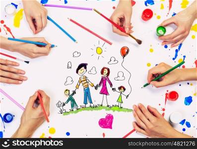 Draw your family. People hands draw and paint happy family concept