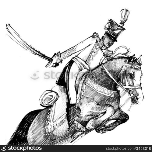drawing illustration of hussar with sword on the horse