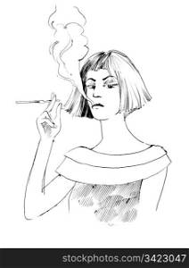 drawing illustration of woman smoking a cigarette