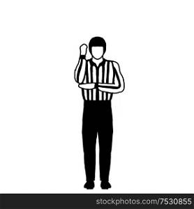 Drawing illustration showing an ice hockey official or referee with different hand signal on isolated background done in black and white.. Ice Hockey Official or Referee Hand Signal Drawing Black and White