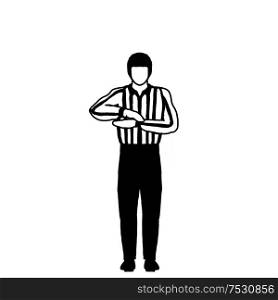 Drawing illustration showing an ice hockey official or referee with different hand signal on isolated background done in black and white.. Ice Hockey Official or Referee Hand Signal Drawing Black and White