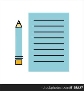 Drawing in Pencil on Sheet Paper.. Drawing in pencil on sheet paper. Sheet paper with list. Sheet paper with pencil. Design element, icon in flat. Isolated object on white background. Vector illustration.