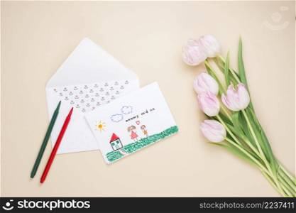 drawing mother child with tulips