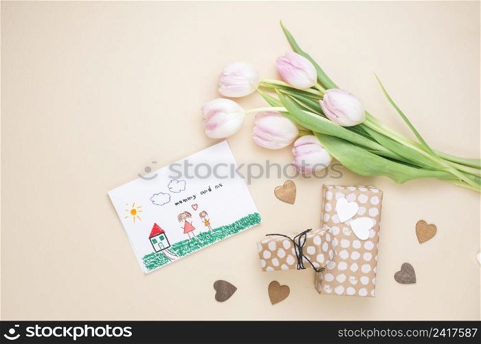 drawing mother child with tulips gifts