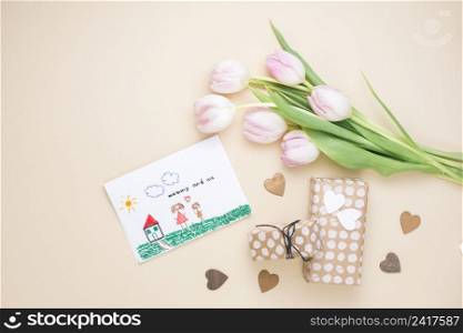 drawing mother child with tulips gifts