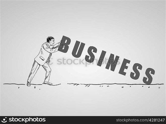 Drawing of a businessman and letters of the word business