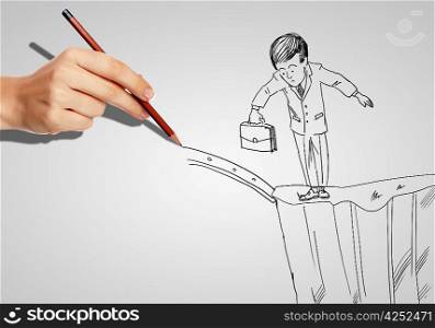 Drawing of a businessman in a risky situation