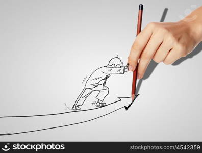 Drawing of a businessman with an upward arrow