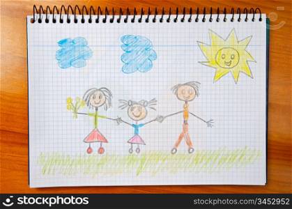 drawing of a happy family taking a walk by the field