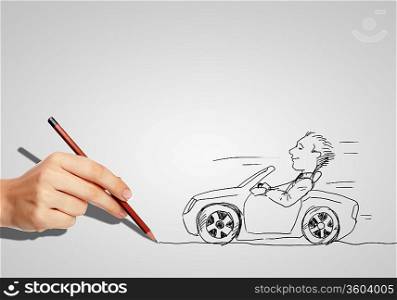 Drawing of a man in a car and hand with pencil