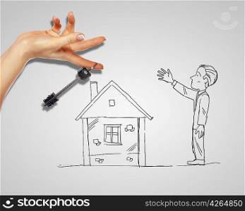 Drawing of a man with a house and key