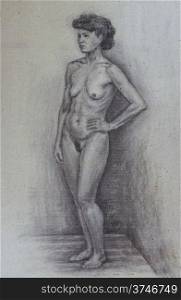 Drawing of a nude pictorial Model in art studio