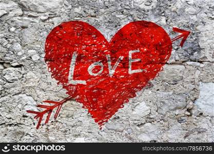 "Drawing of abstract heart pierced by an arrow with word "Love" on grunge stone wall texture"