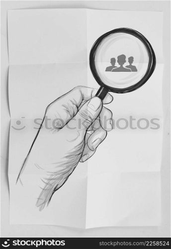 drawing of hand holding magnifier glass looking for employee on crumpled paper background as concept