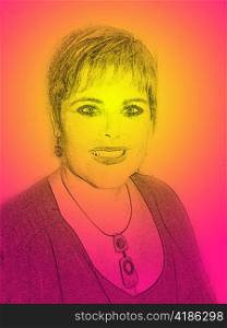 Drawing on Multi Color Neon Background of Beautiful Elegant Middle Aged Woman