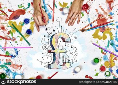 Drawing pound concept. Top view of hands drawing pound currency concept