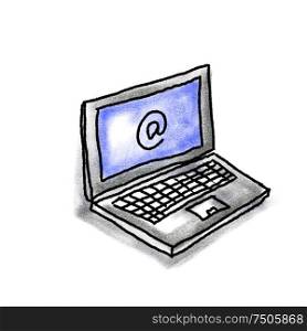 Drawing sketch style illustration of a laptop computer with e-mail symbol on screen on isolated white background.. Laptop Computer E-mail Sign Drawing