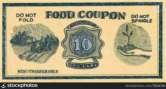 Drawing sketch style illustration of a vintage food stuff ration coupon on isolated white background than in retro style. Vintage Food stuff ration coupon Drawing