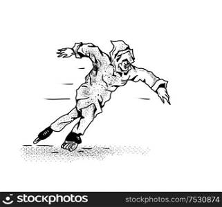 Drawing sketch style illustration of phantom inline speed skater wearing a hood or hooded robe skating on isolated background done in black and white.. phantom inline speed skater drawing