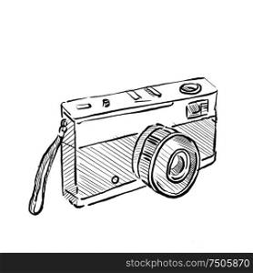 Drawing sketch style illustration of Vintage 35mm SLR Film Camera on isolated white background.. Vintage 35mm SLR Film Camera Drawing
