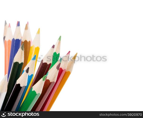 Drawing supplies: assorted color pencils, isolated on white background