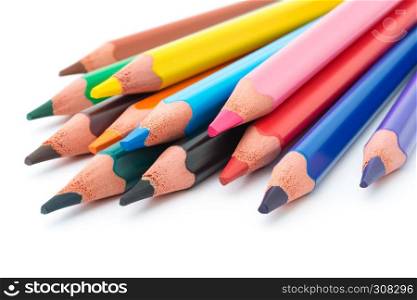 Drawing supplies: assorted color pencils, isolated on white background . Color pencils