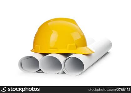 Drawings and hard hat isolated on white
