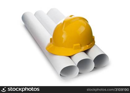 Drawings and hard hat isolated on white