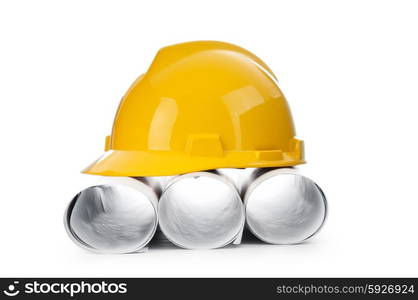 Drawings and hard hat isolated on white