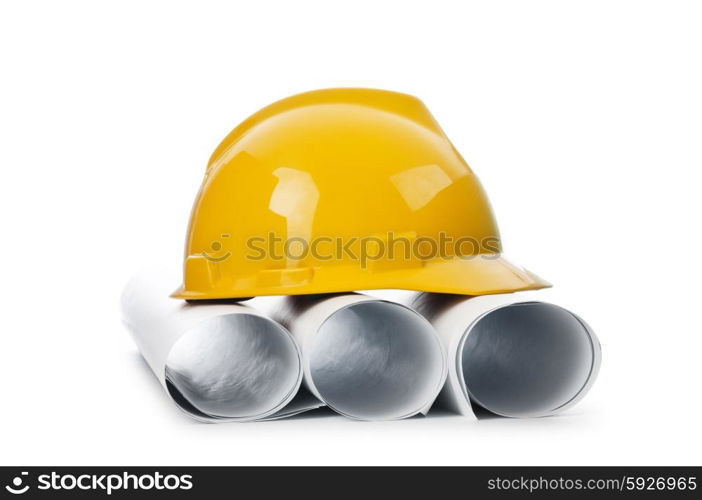 Drawings and hard hat isolated on white