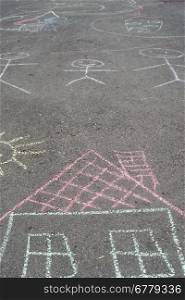 Drawings on asphalt. House and sun drawing