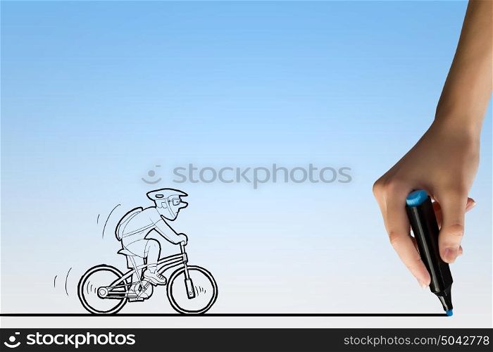 Drawn bicycle rider. Caricature of man riding bike and human hand drawing line
