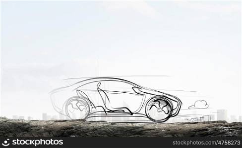 Drawn car model. Hand drawn car design on white background
