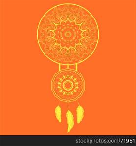 Dream Catcher Silhouette with Feathers Isolated on Orange Background. Dream Catcher Silhouette with Feathers
