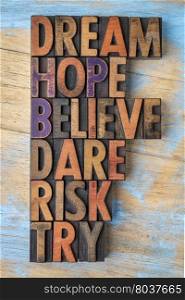 dream, hope, believe, dare, risk and try - inspirational word abstract - text in vintage letterpress wood type printing blocks