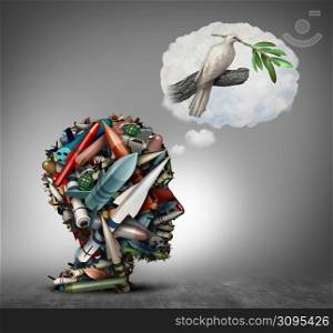 Dream of no war concept as a group of weapons and bombs or explosive devices shaped as a human head dreaming of peace as a dove with an olive branch with 3D illustration elements.