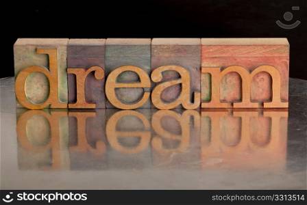 dream word abstract in vintage wood letterpress printing blocks with reflection in grunge silver surface