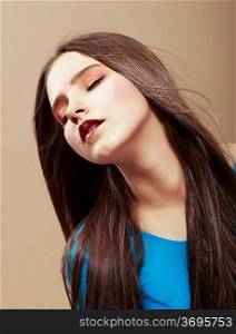 Dreaminess. Portrait of Sensual Dreaming Brunette with Straight Brown Hair