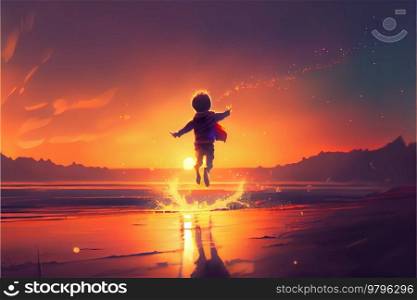 dreaming and inspiration concept, child jumping near sea, sunset sky in background. dreaming and inspiration concept