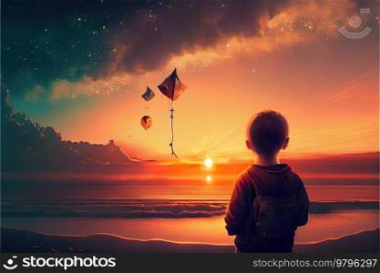 dreaming and inspiration concept, child near sea, sunset sky in background. dreaming and inspiration concept