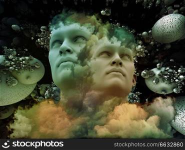 Dreaming Intellect series. Backdrop composed of human face and technological elements and suitable for use in the projects on mind, reason, intelligence and imagination