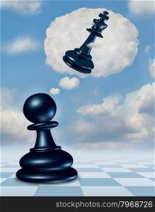 Dreaming of success with a chess game pawn piece having aspirations of becoming a king and leader with a thought bubble made of clouds thinking for the future as a business concept of planning and strategy.
