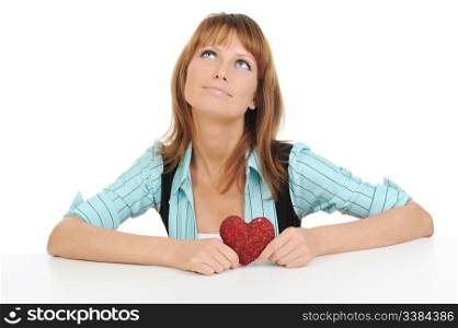 dreaming woman with heart. Isolated on white background