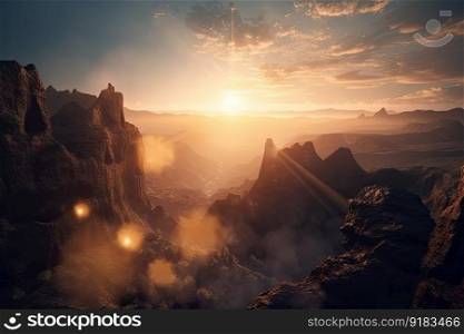 dreamlike vision of flying over canyon, with the sun shining through the clouds, created with generative ai. dreamlike vision of flying over canyon, with the sun shining through the clouds