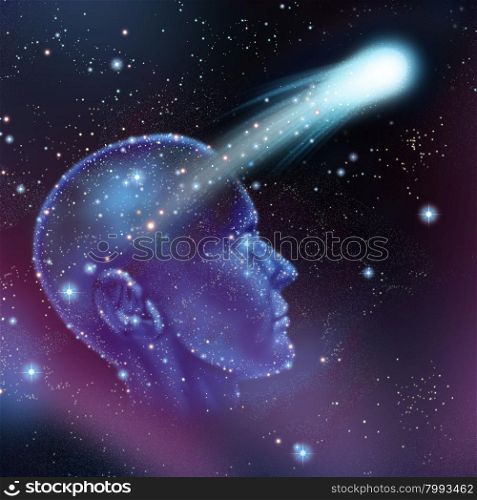 Dreams and imagination concept as a group of stars on a night sky shaped as a human head with a shooting star flying as a make a wish metaphor or astronomy and astrology symbol.
