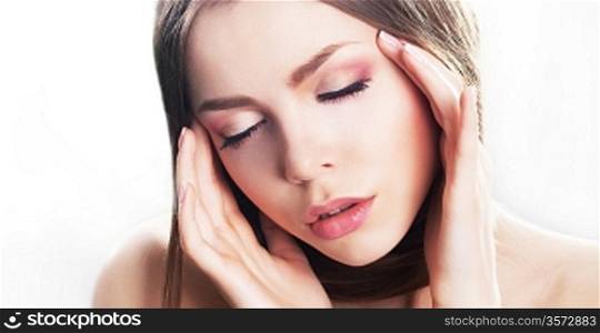 Dreamy beauty - young woman face, natural make-up. Migraine