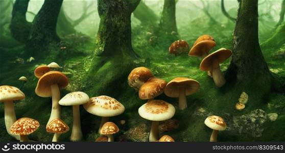 Dreamy fantasy mushrooms in magic forest. 3D illustration. Fantasy mushrooms in magic forest. 3D illustration