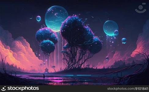 Dreamy futuristic landscape. Bubble trees. Neon colored. Generative AI.. Dreamy futuristic landscape. Bubble trees. Neon colored. Generative AI