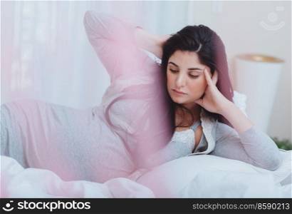 Dreamy Peaceful Pregnant Woman Relaxing at Home. Enjoying Calm Pregnancy Period. Happy Motherhood. Love Concept.. Happy Pregnancy Time